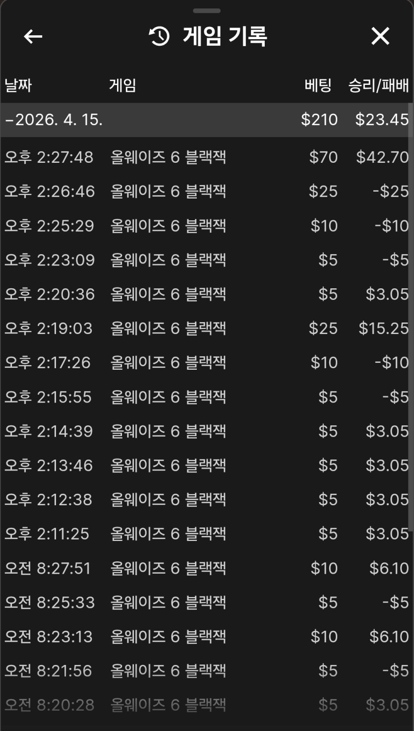 크리링님의 올웨이즈 6블랙잭 후기(0)