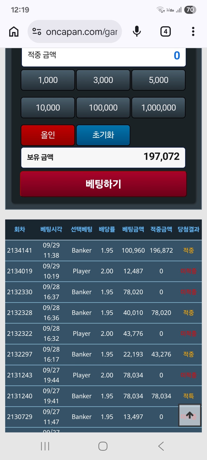10만포사서 뱅커 한방 눌렷습니다...(0)
