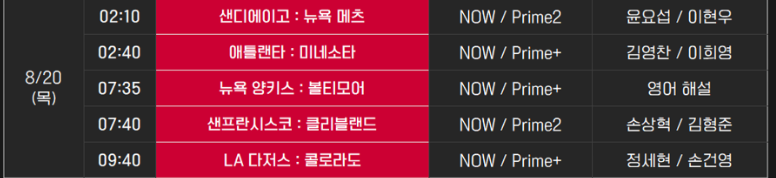 오늘 목요일 믈브 한국어중계 편성표(0)