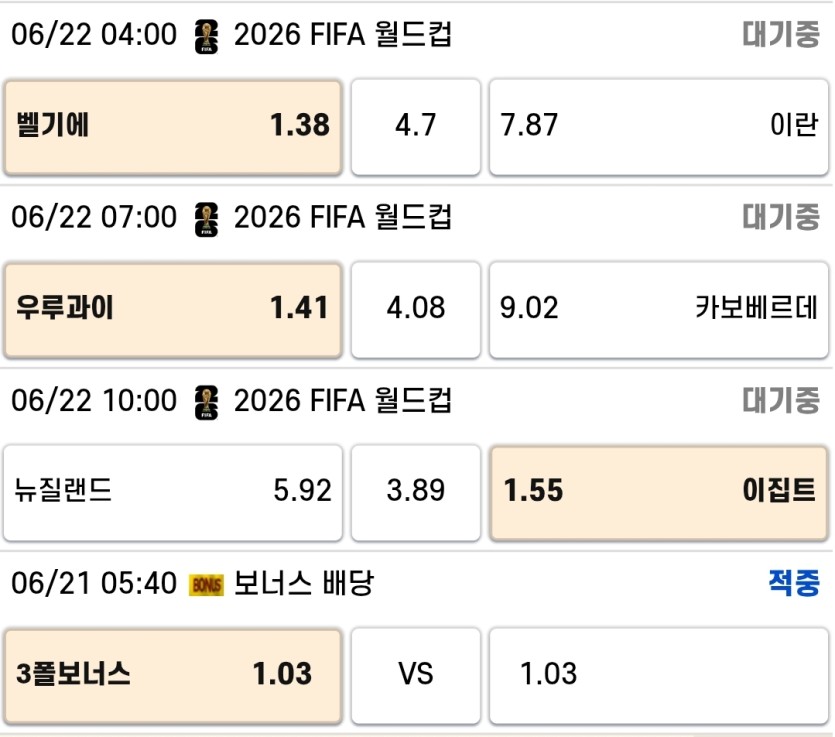 오늘은 벨기에, 우루과이, 이집트 배팅했습니다(0)