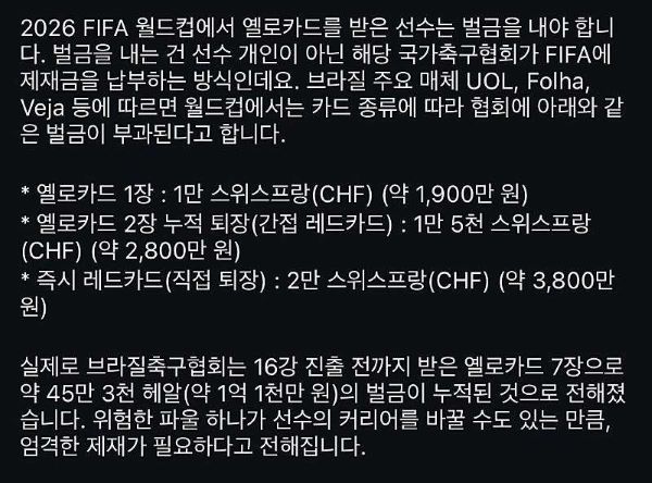 월드컵 옐로카드가 벌금이 있네요.(0)