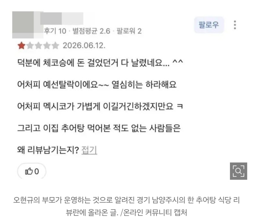체코전 결승골’ 오현규 부모 추어탕집에 악성 리뷰… “돈 날렸다”(1)